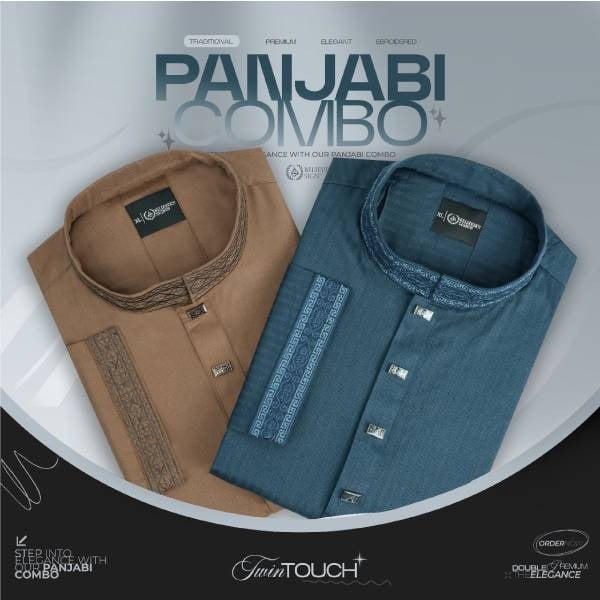 Premium Cotton Panjabi Combo 2pcs - Light Coffee & Dark Teal
